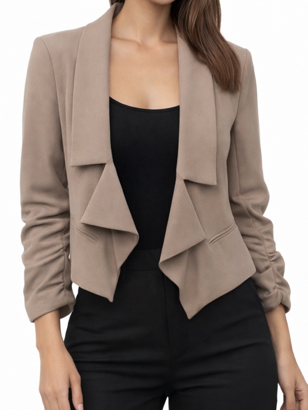 Andree 3+1 Tan Draped Blazer Women L Cropped Open Front Business Casual Jacket